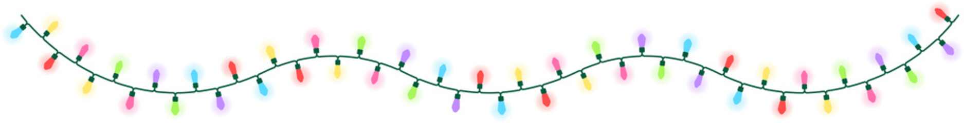 6色の電球でカラフルなクリスマスライト（String lights）の背景透過イラスト。点灯している・3連のカーブバージョン。電線の細かい形状を再現している。