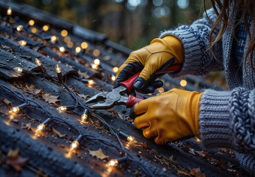 woman repairing christmas lights on a roof in autumn with pliers and wearing warm gloves.