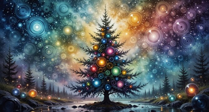 magical christmas tree illuminated with colorful orbs in a vibrant forest landscape.