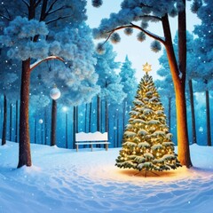 Snow Covered Christmas Tree Illuminated with Lights in a Tranquil Winter Forest