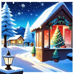Charming Winter Cabin with Christmas Tree and Decorations in a Snowy Landscape at Night