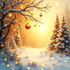 Golden Christmas Ornaments in Snow at Sunset &mdash; Festive Winter Holiday Background.