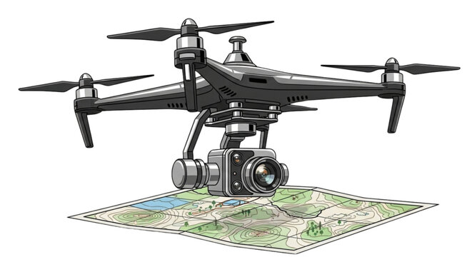 Advanced Aerial Drone Mapping Technology: Quadcopter with Gimbal Camera Hovering Over Topographic Survey Map for Precision Photogrammetry and Geospatial Data Collection