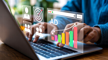 A digital marketing manager uses a laptop to analyze advertising metrics and customer targeting strategies for business growth and online sales success.