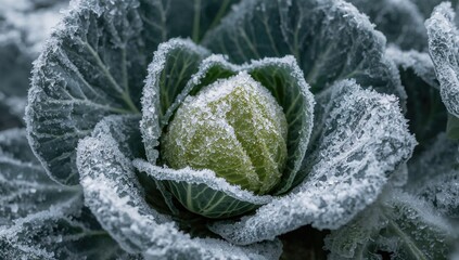 Frost covering Brussels sprout plants in a garden, seasonal change