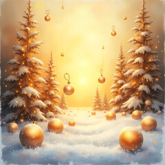 Golden Christmas Ornaments in Snow at Sunset &mdash; Festive Winter Holiday Background.