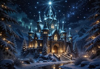 Obraz premium magical winter castle illuminated at night with a bright star and snow covered trees