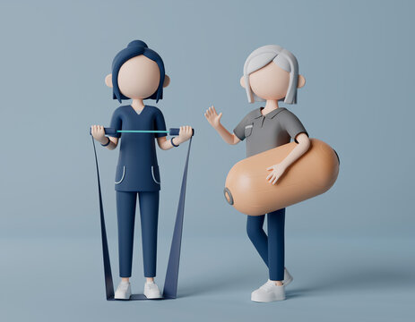 Stylized 3D rendering of a healthcare professional assisting a senior citizen with physical therapy exercises using a resistance band and fitness ball for recovery