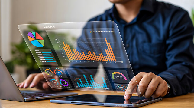 A businessman analyzes complex financial and business data displayed on a futuristic holographic screen, utilizing cutting-edge big data intelligence technology.