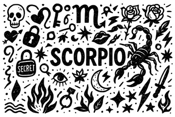 Scorpio zodiac doodle icons with mystical symbols in hand-drawn style, Transparent Background