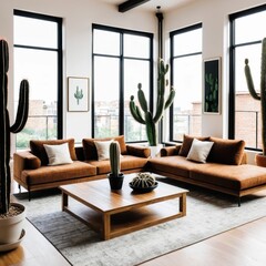 Modern Living Room with Cactus Plants and Natural Light in a Stylish Urban Setting
