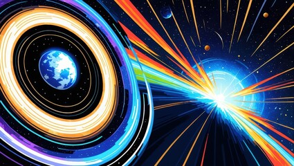 Dynamic Abstract Representation of Cosmic Explosion in Deep Space Featuring Rings and Stars