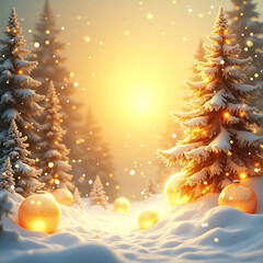 Golden Christmas Ornaments in Snow at Sunset &mdash; Festive Winter Holiday Background.
