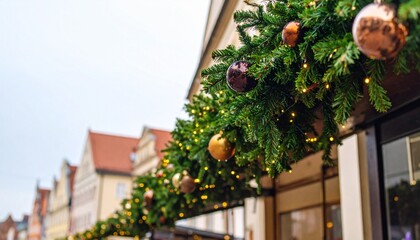 Fototapeta premium Christmas decorations on houses at the Christmas market in city. View of garlands, ornaments and fir branches