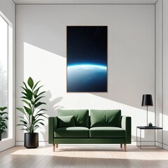 Modern Minimalist Living Room Featuring Green Sofa and Artwork of Earth Against Blue Background