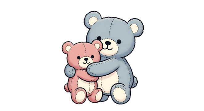 A large grey plush teddy bear embraces a smaller pink teddy bear in a heartwarming illustration.