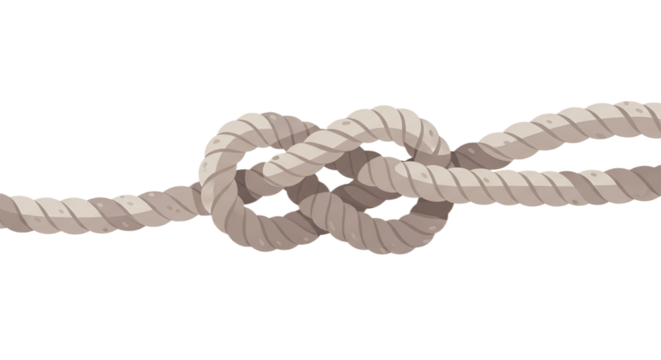 A stylized illustration showcases a tightly secured, knotted rope against a stark black background.
