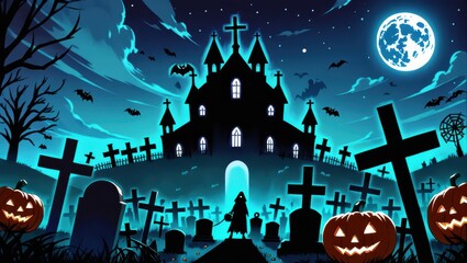 Eerie Halloween Graveyard Scene with Haunted Castle Pumpkins Moon and Crosses at Night