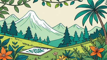 Illustration of a Peaceful Nature Landscape with Mountains and Vibrant Flora in a Bright Setting