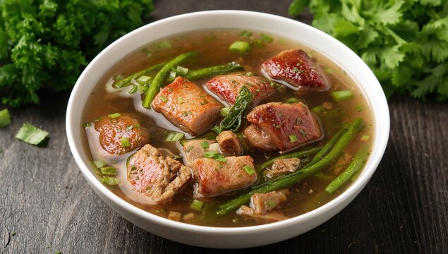 Nutritious pork bone broth with fresh greens, ideal for any meal and packed with protein and vitamins
