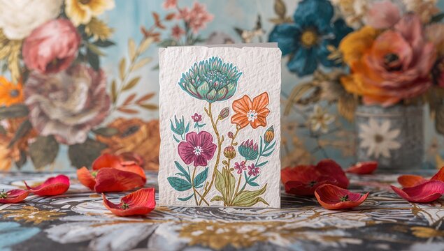 Hand-drawn floral card with artistic background, suitable for greeting card designs