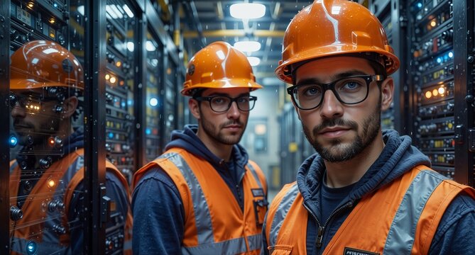 confident it professionals in safety vests inspecting server racks in a data center. - Powered by Adobe