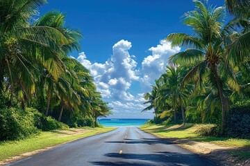 Empty road lined with tall palm trees leading towards a bright blue ocean under a partly cloudy sky