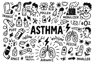 Asthma medical doodle icons with inhaler, triggers, and symptoms in hand-drawn style, Transparent Background