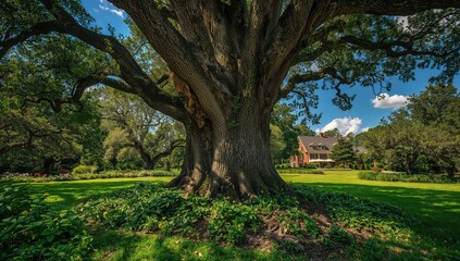 Obraz premium Trunk of a live oak tree with foliage and surrounding garden elements, showcasing seasonal growth