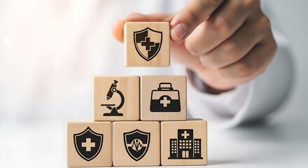 Hand holding wooden blocks with medical and healthcare symbols stacked up
