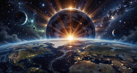 a vibrant earthrise with multiple planets and a brilliant sunburst in a cosmic nebula scene.