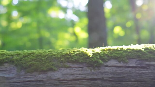 Vibrant green moss covering old wood log in sunny forest environment
