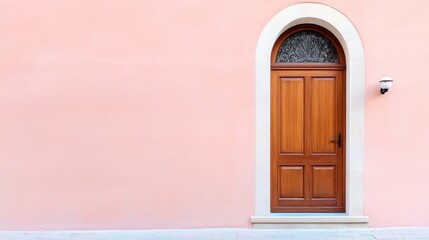 Naklejka premium Elegant brown wooden door with arched window against a light pink wall enhances minimalistic architectural beauty