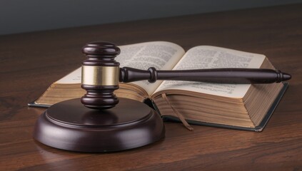 Judge's gavel and sacred text on a wooden surface, focus on legal authority and reflection