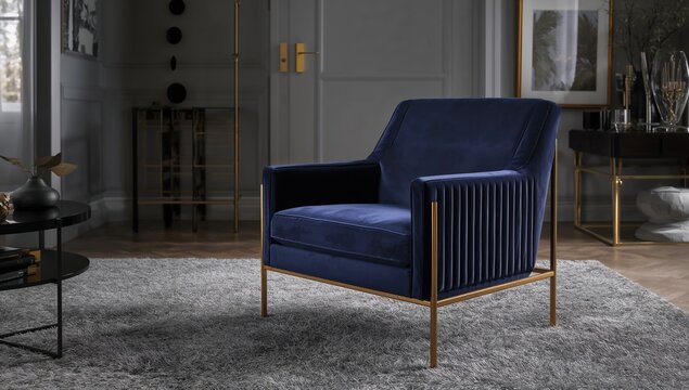 Designer navy blue armchair with golden frame in a sophisticated gray living room, highlighting an elegant decor theme