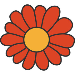 Stylized Retro Flower Icon in Orange and Yellow with Black Outline on Transparent Background