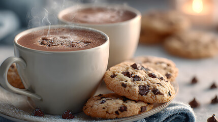 A white background with two cups of hot chocolate and a plate of cookies