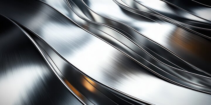 Abstract close-up of smooth, shiny metallic waves with reflective surfaces creating fluid, flowing patterns and subtle highlights