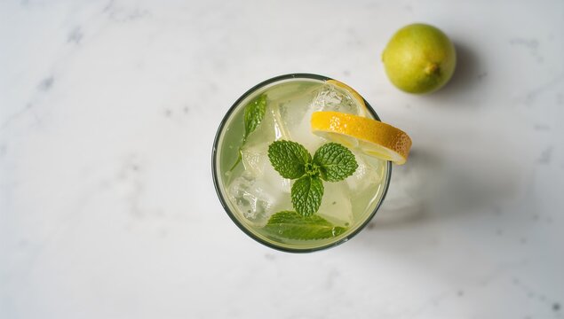 A mojito cocktail consisting of rum, spearmint, lime juice, soda water, and ice, a refreshing drink option for warm days