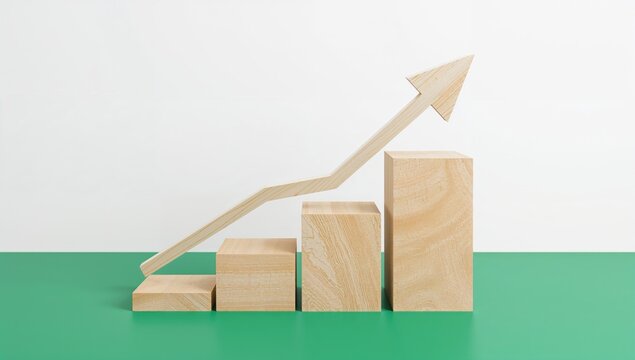 Wooden arrowhead shapes arranged on a cube block as bar graph steps on green surface and white backdrop, visualizing business growth - Powered by Adobe