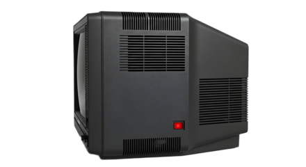 Side view of a black cathode ray tube television with a red power switch on a black background
