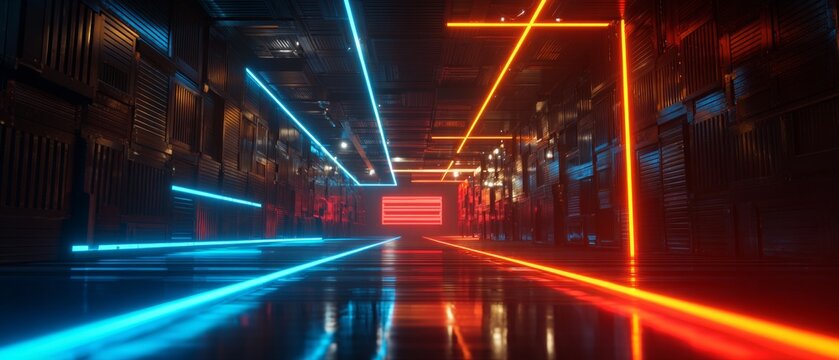 Exploring trade barriers in warehouse aesthetics. Machine learning. Dynamic lighting highlights tariff impact in a warehouse. Ai dataflow. Digital web.