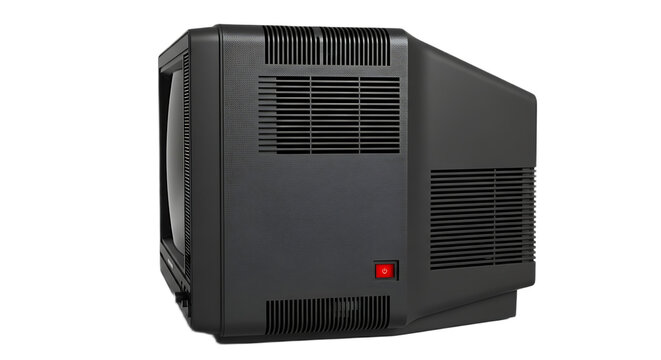Side view of a black cathode ray tube television with a red power switch on a black background