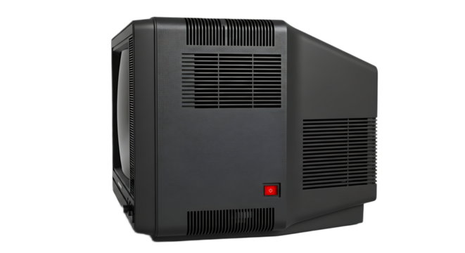 Side view of a black cathode ray tube television with a red power switch on a black background