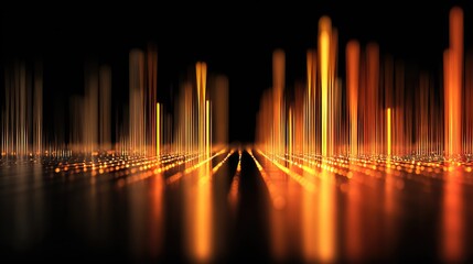 Abstract glowing sound wave patterns with vibrant orange and yellow lights on a dark background creating a dynamic visual rhythm and energy flow