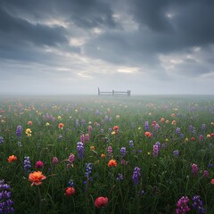 Misty Meadow - A Symphony of Wildflowers Under a Cloudy Sky.