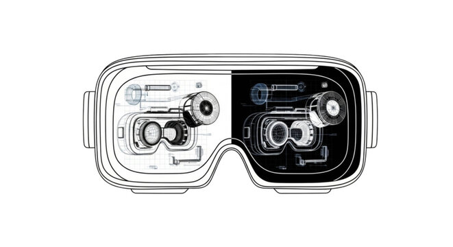 Advanced Virtual Reality Headset Blueprint Design: VR Goggles with Technical Wireframe Schematics and Engineering CAD Drawings for Immersive Metaverse Hardware Development