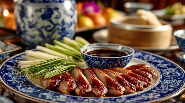 Peking Duck on Blue Patterned Plate with Scallions and Sauce Traditional Asian Dish Exquisite Dining Still Life Warm Light