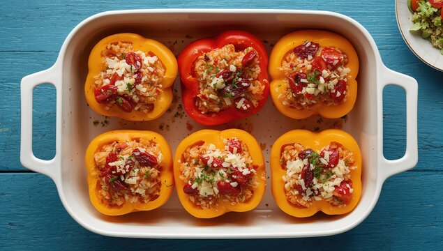 Halved peppers filled with rice, dried tomatoes, herbs and cheese in a baking dish on a blue wooden table, protein-rich meal