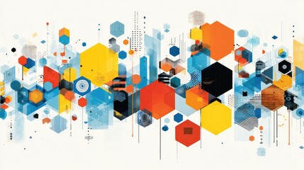 Obraz premium Colorful Geometric Shapes Composition with Hexagons and Circles, Modern Abstract Art with Blue, Yellow, and Orange Elements on Soft Background